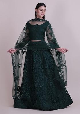 Dark Green Embroidered Net Lehenga Set