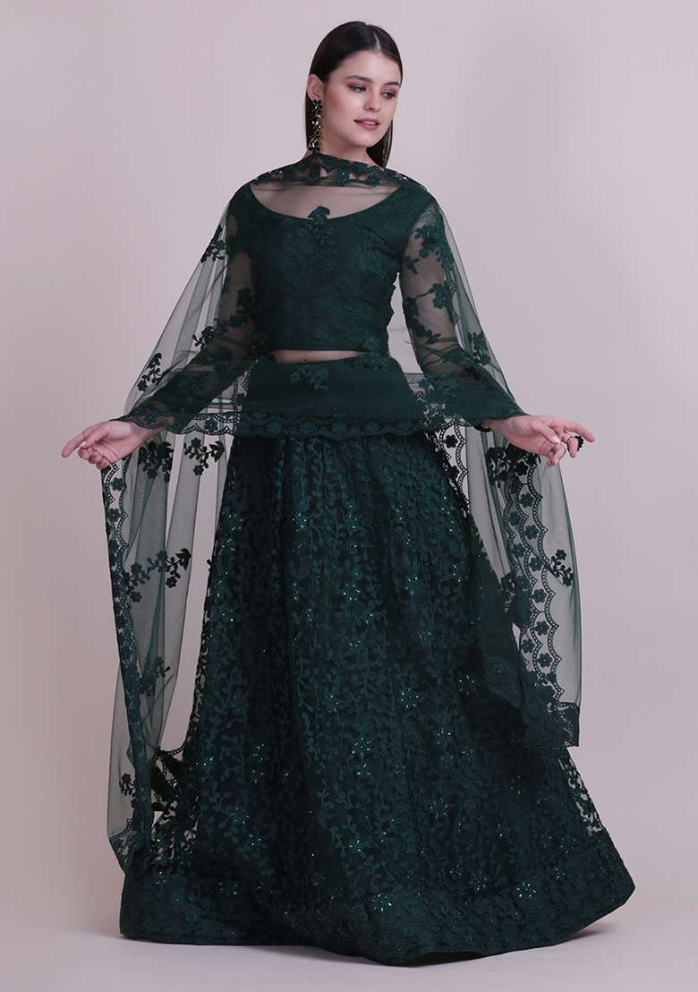 Dark Green Embroidered Net Lehenga Set - Indya