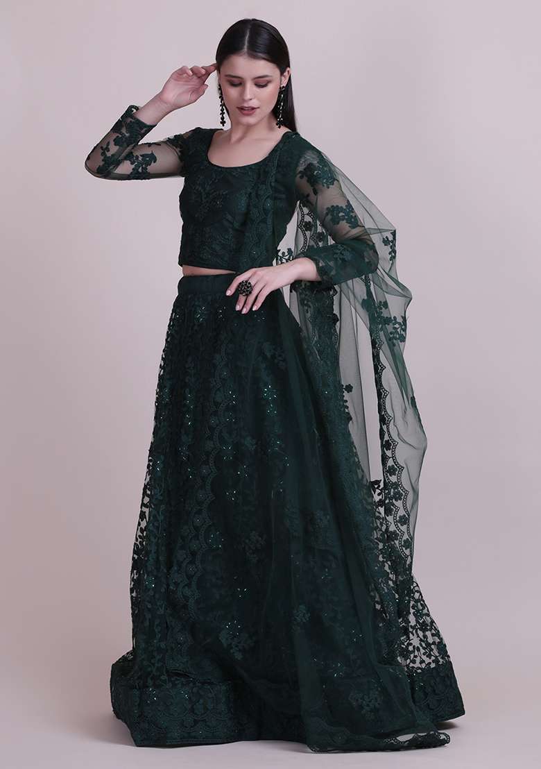 Dark Green Embroidered Net Lehenga Set - Indya