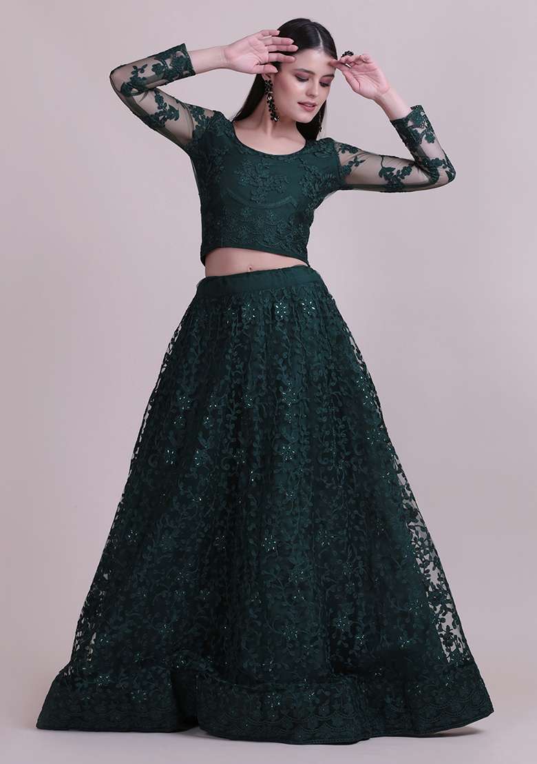 Dark Green Embroidered Net Lehenga Set - Indya