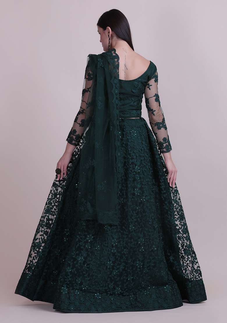 Dark Green Embroidered Net Lehenga Set - Indya