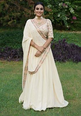 Off White Sequin Embellished Georgette Lehenga Set