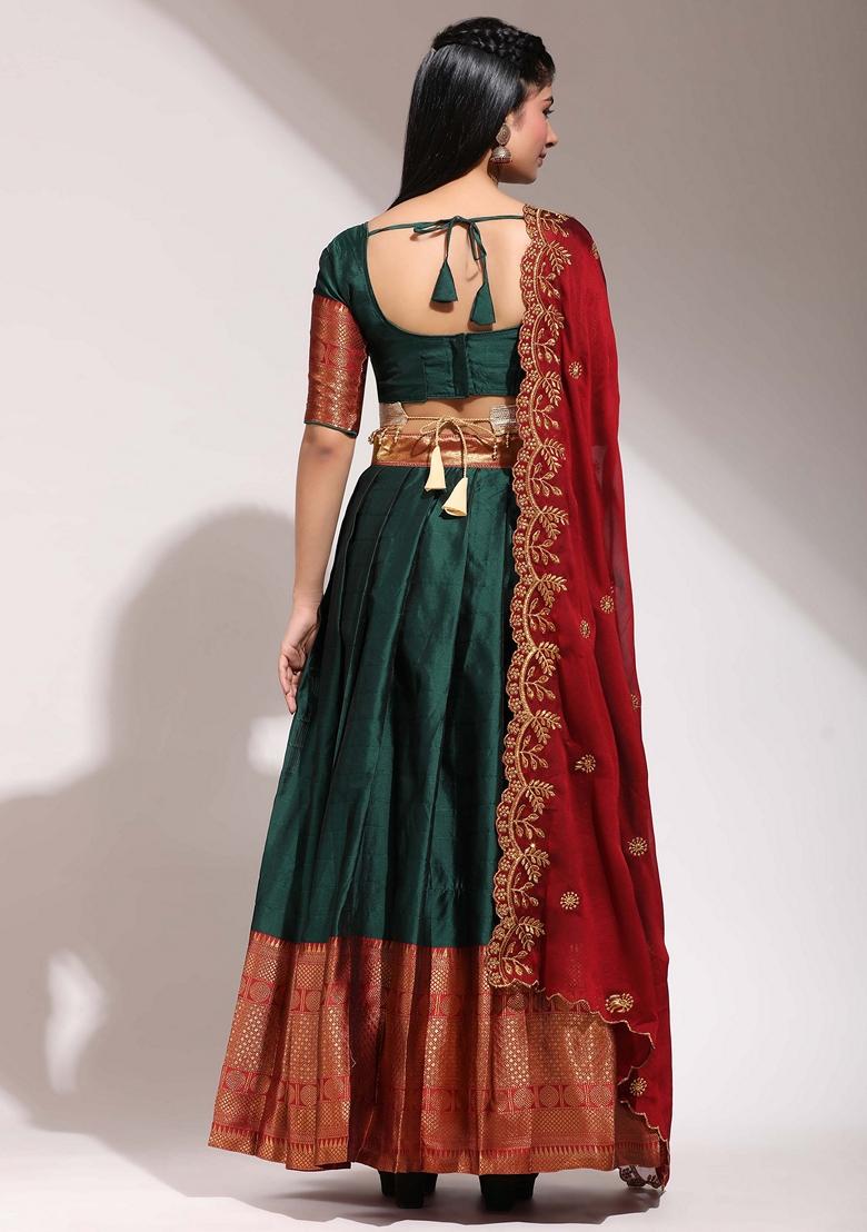 Bottle Green Zari Embroidered Woven Design Litchi Silk Lehenga Set