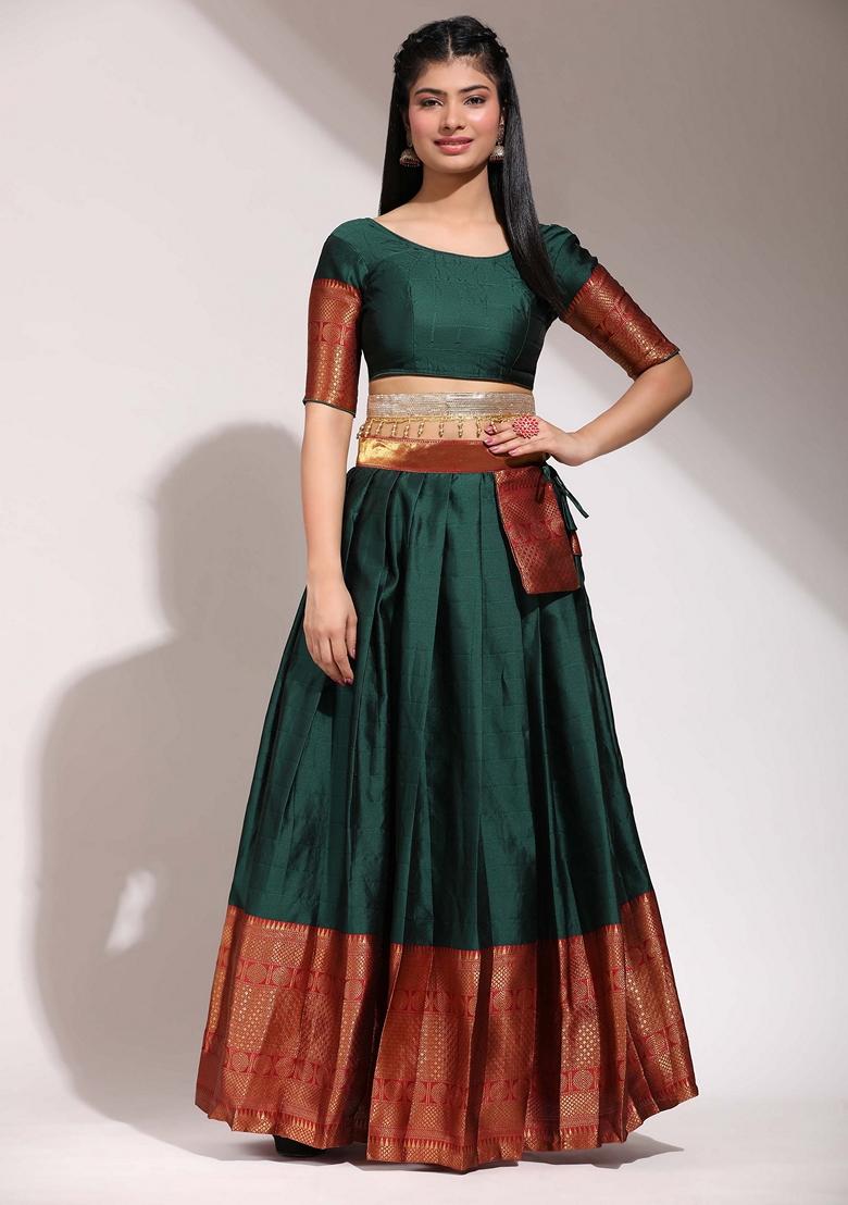 Bottle Green Zari Embroidered Woven Design Litchi Silk Lehenga Set