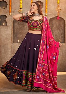 Purple Thread Embroidered Viscose Rayon Lehenga Set