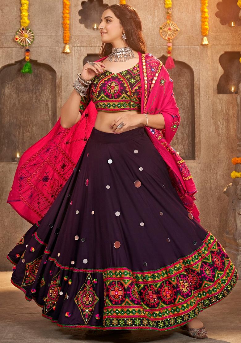 Purple Thread Embroidered Viscose Rayon Lehenga Set