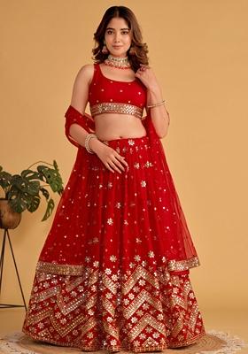 Red Sequin Zari Embroidered Georgette Lehenga Set