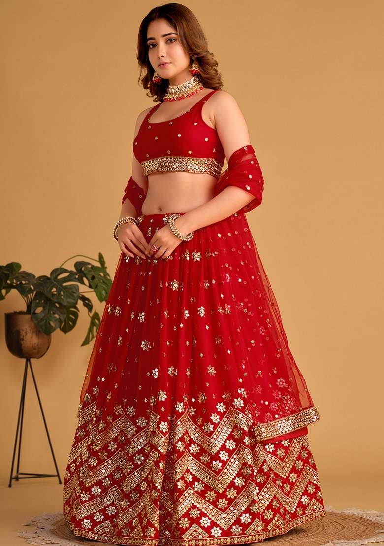 Red Sequin Zari Embroidered Georgette Lehenga Set - Indya