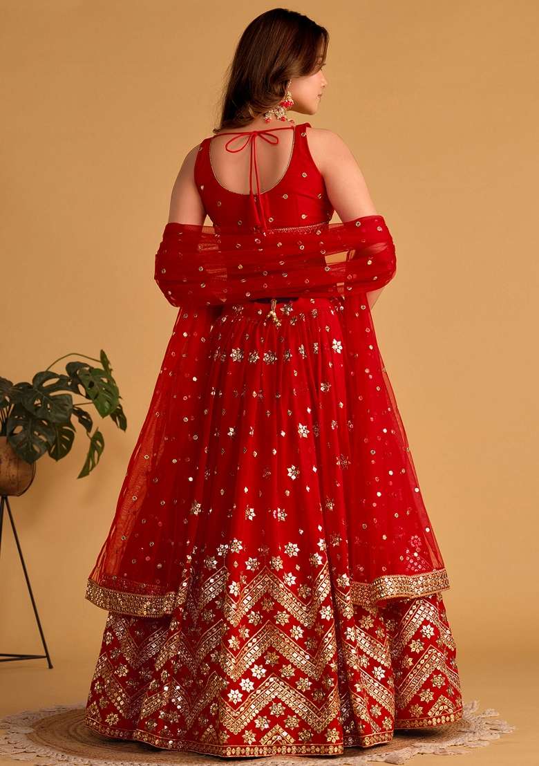 Red Sequin Zari Embroidered Georgette Lehenga Set - Indya