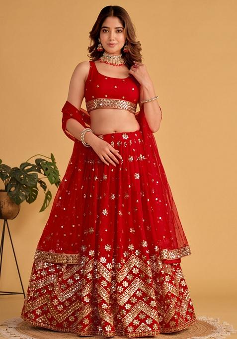 Red Sequin Zari Embroidered Georgette Lehenga Set