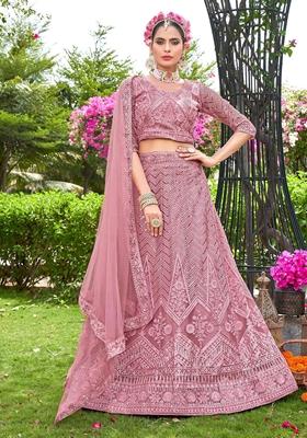 Pink Embroidered Net Lehenga Set