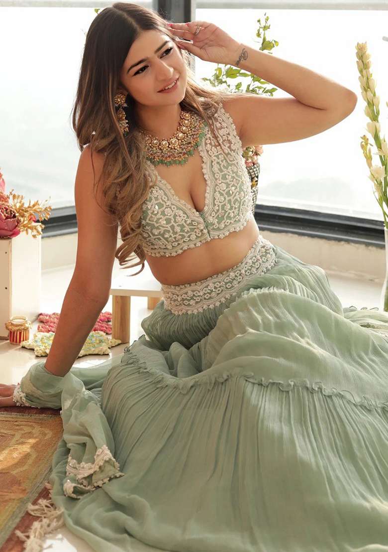 Sea Green Crush Work Georgette Lehenga Set - Indya