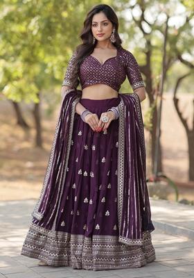Wine Faux Blooming Sequin Embroidered Lehenga Set