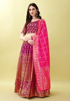 Purple Embroidered Soft Silk Jacquard Lehenga Set