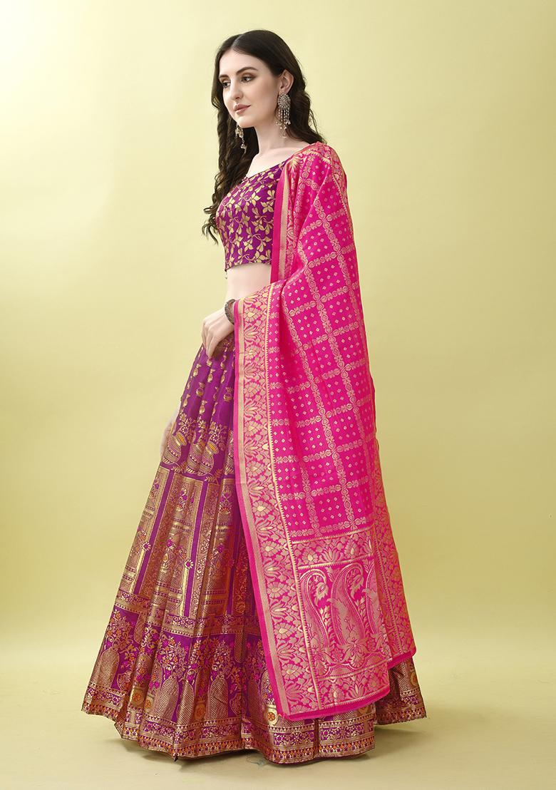 Purple Embroidered Soft Silk Jacquard Lehenga Set
