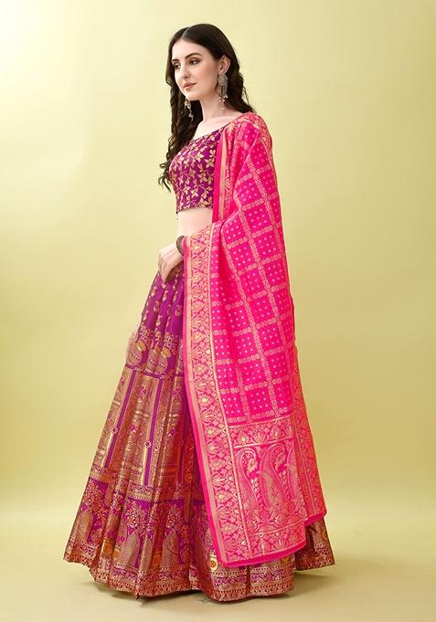 Purple Embroidered Soft Silk Jacquard Lehenga Set
