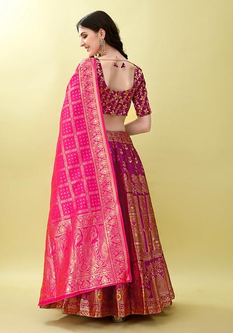 Purple Embroidered Soft Silk Jacquard Lehenga Set