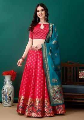 Peach Embroidered Soft Silk Jacquard Lehenga Set
