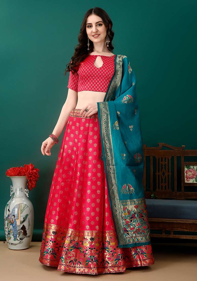 Peach Embroidered Soft Silk Jacquard Lehenga Set - Indya