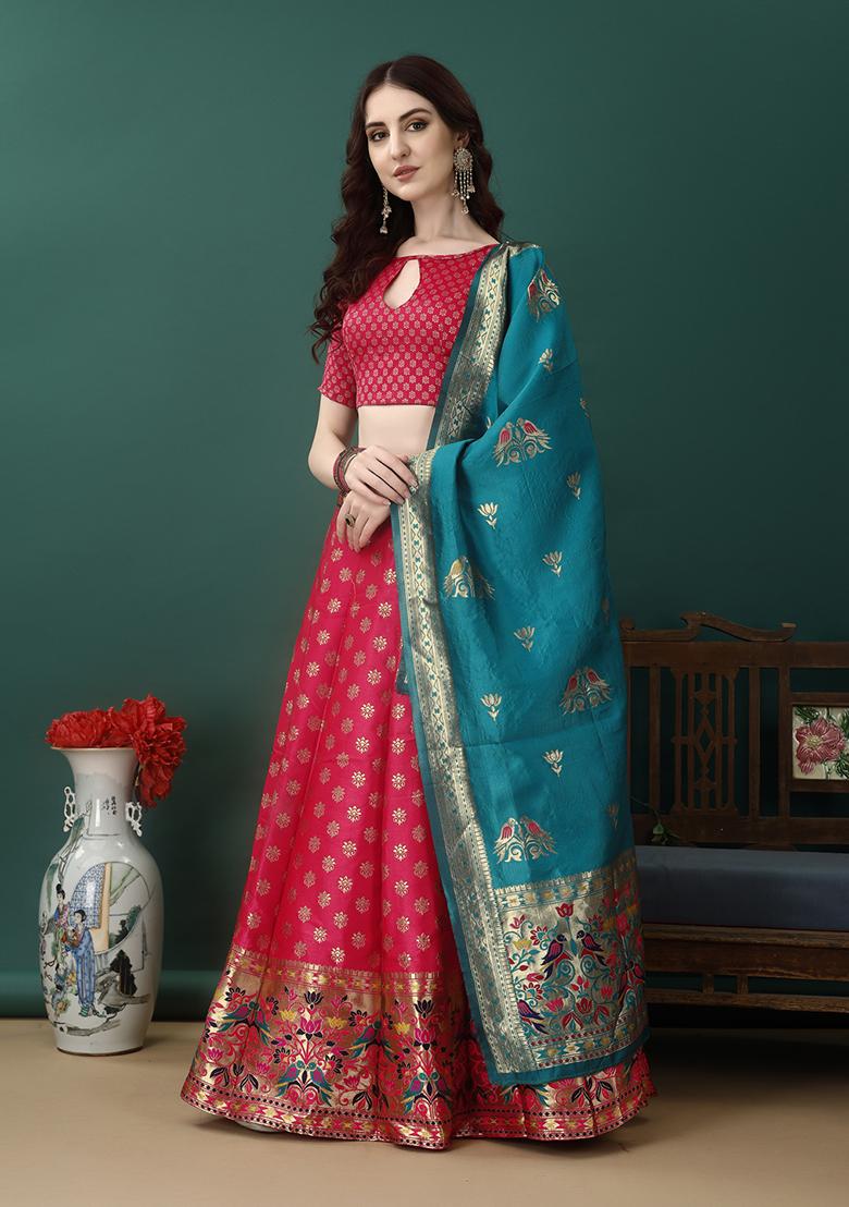 Peach Embroidered Soft Silk Jacquard Lehenga Set
