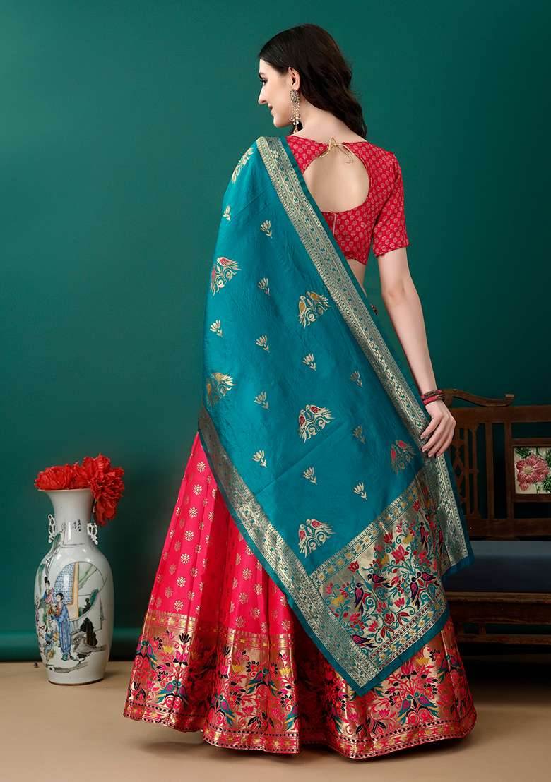 Peach Embroidered Soft Silk Jacquard Lehenga Set - Indya