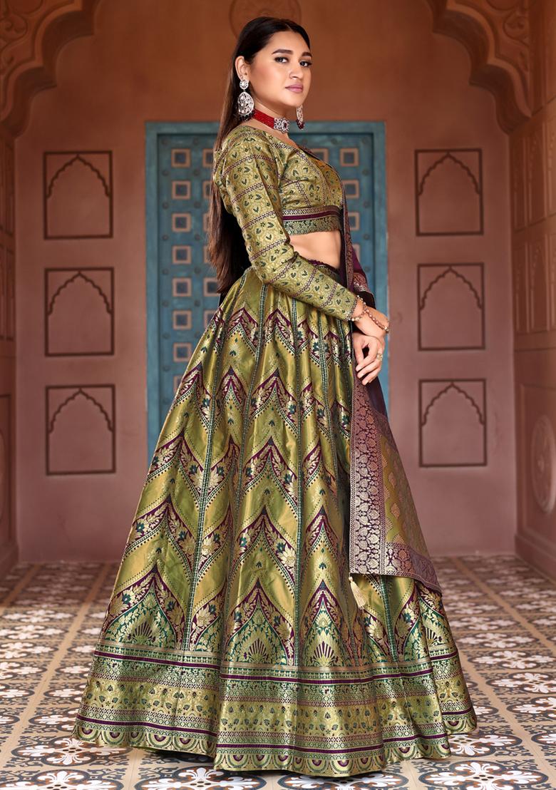 Olive Zari Woven Silk Lehenga Set