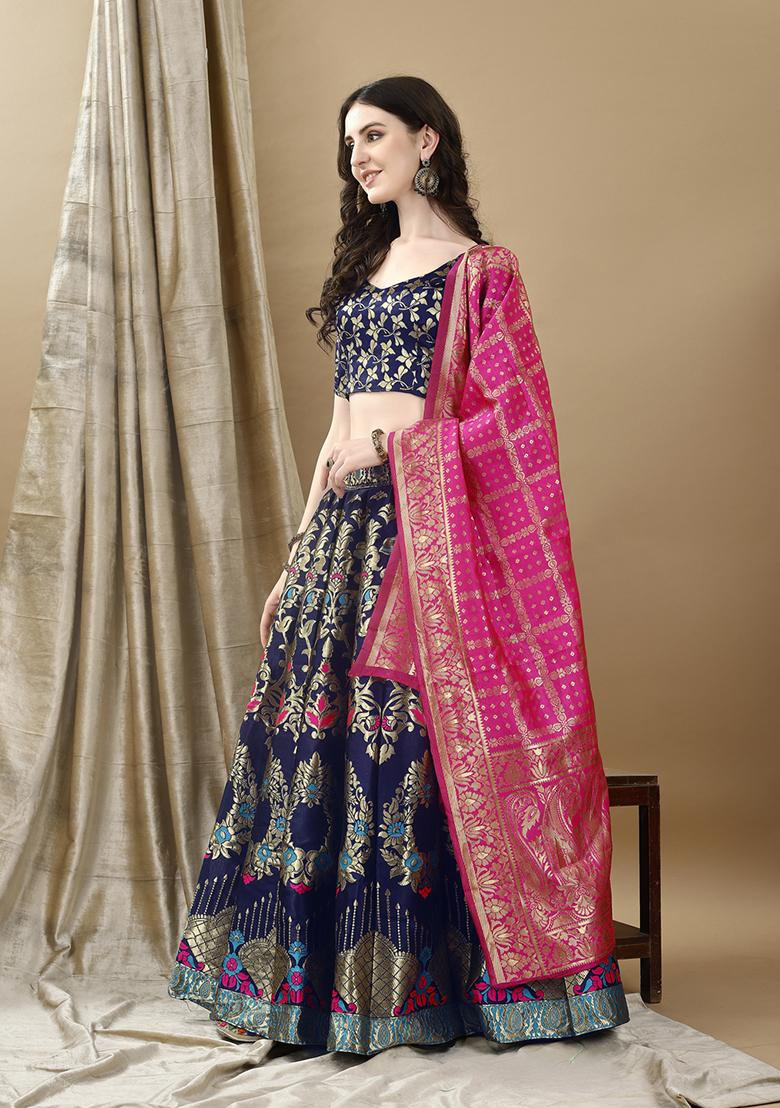 Navy Blue Embroidered Soft Silk Jacquard Lehenga Set