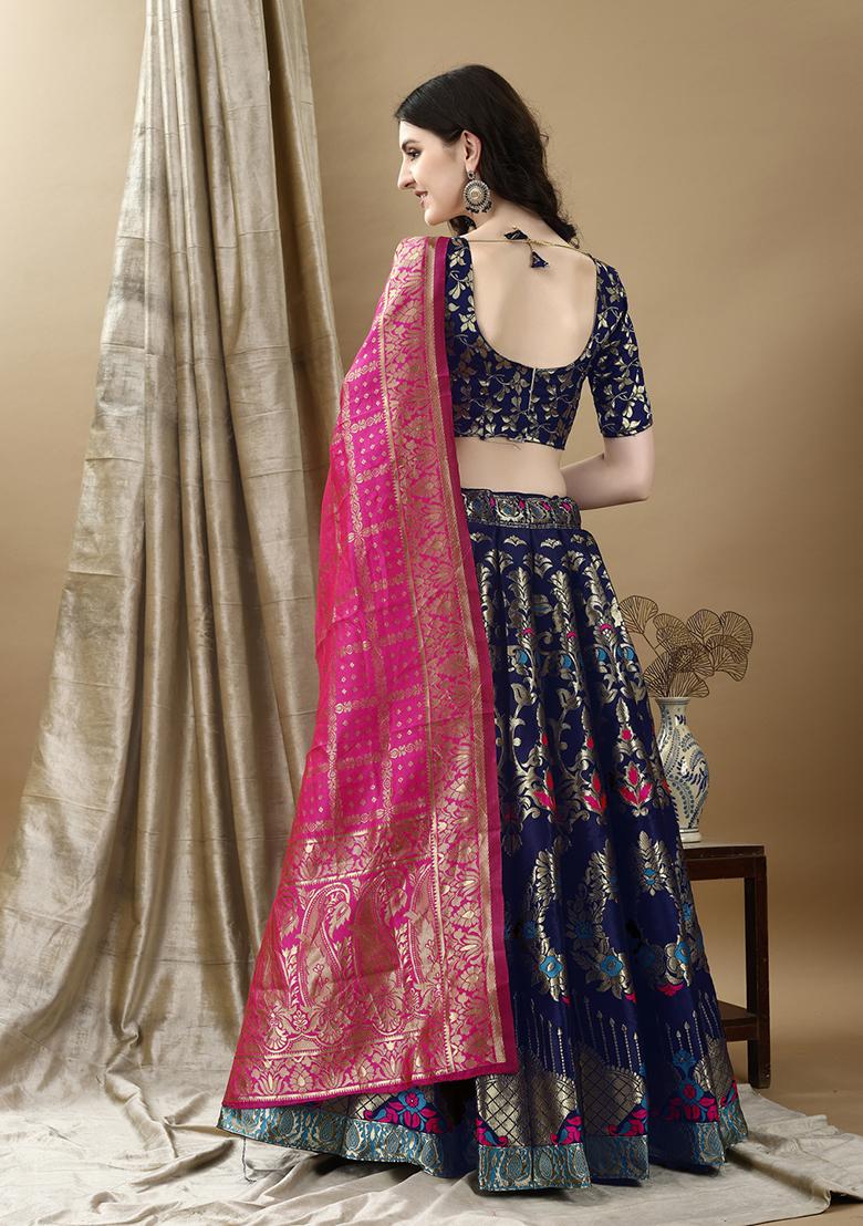 Navy Blue Embroidered Soft Silk Jacquard Lehenga Set