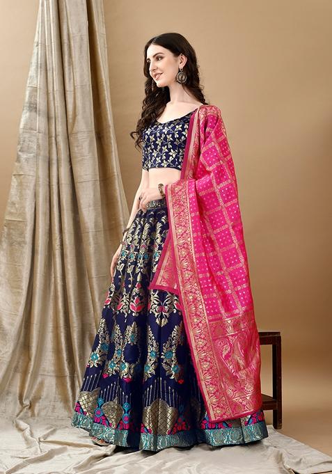 Navy Blue Embroidered Soft Silk Jacquard Lehenga Set