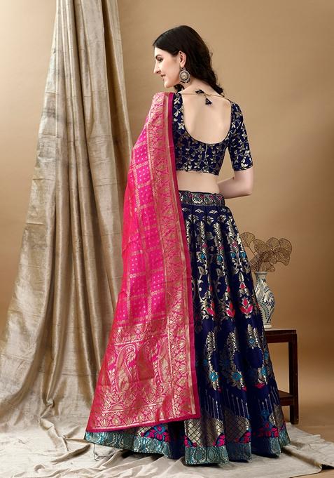Navy Blue Embroidered Soft Silk Jacquard Lehenga Set