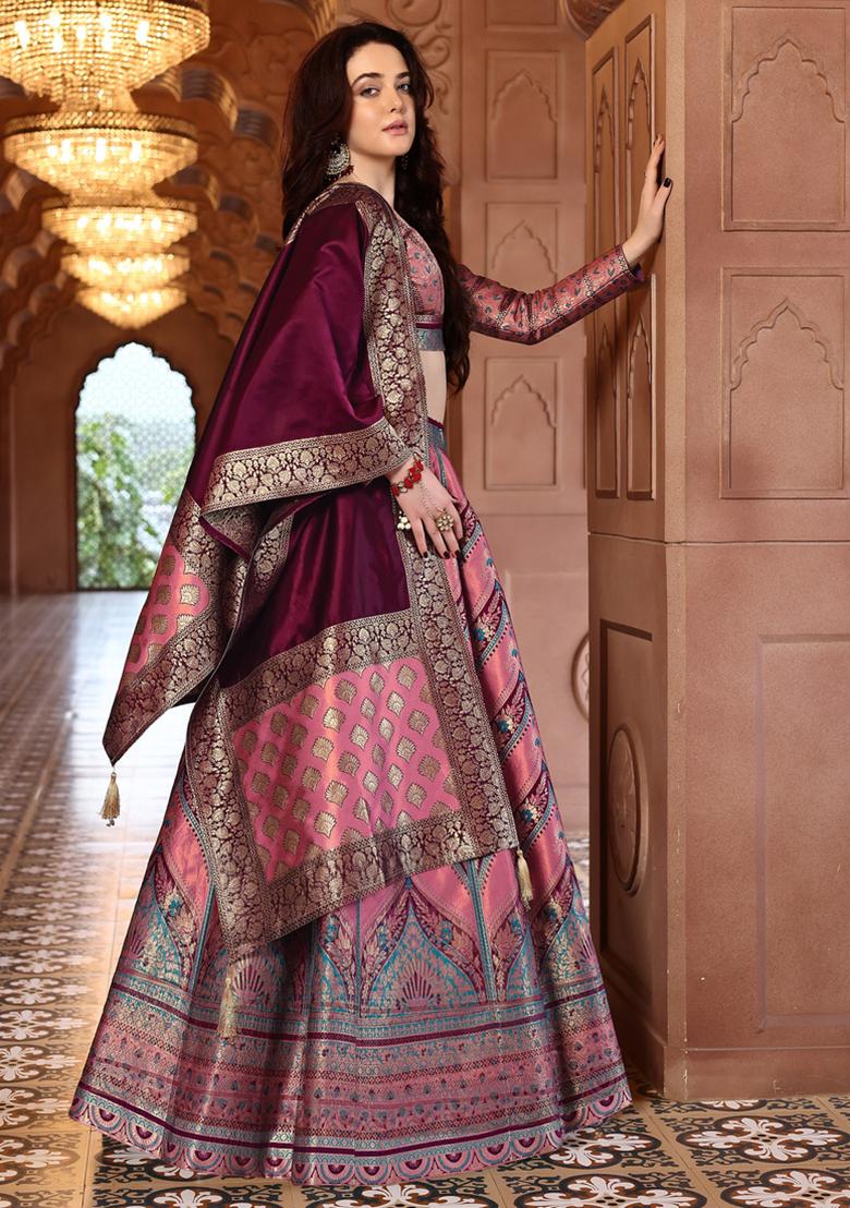 Light Pink Zari Woven Silk Lehenga Set