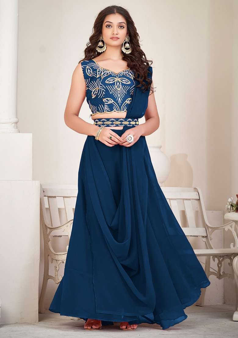 Rama Blue Embroidered Georgette Lehenga Set - Indya