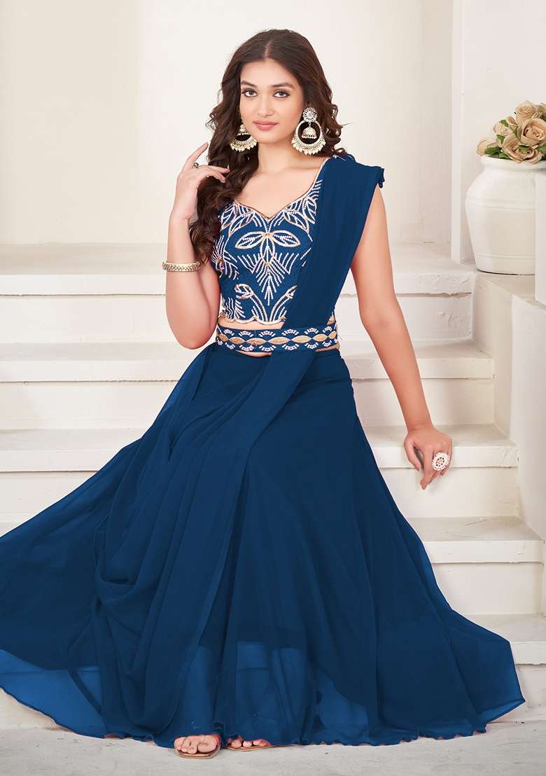 Rama Blue Embroidered Georgette Lehenga Set - Indya