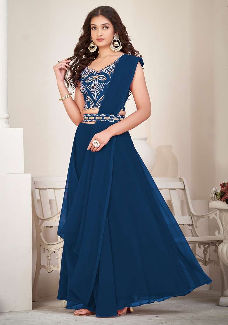 Rama Blue Embroidered Georgette Lehenga Set - Indya