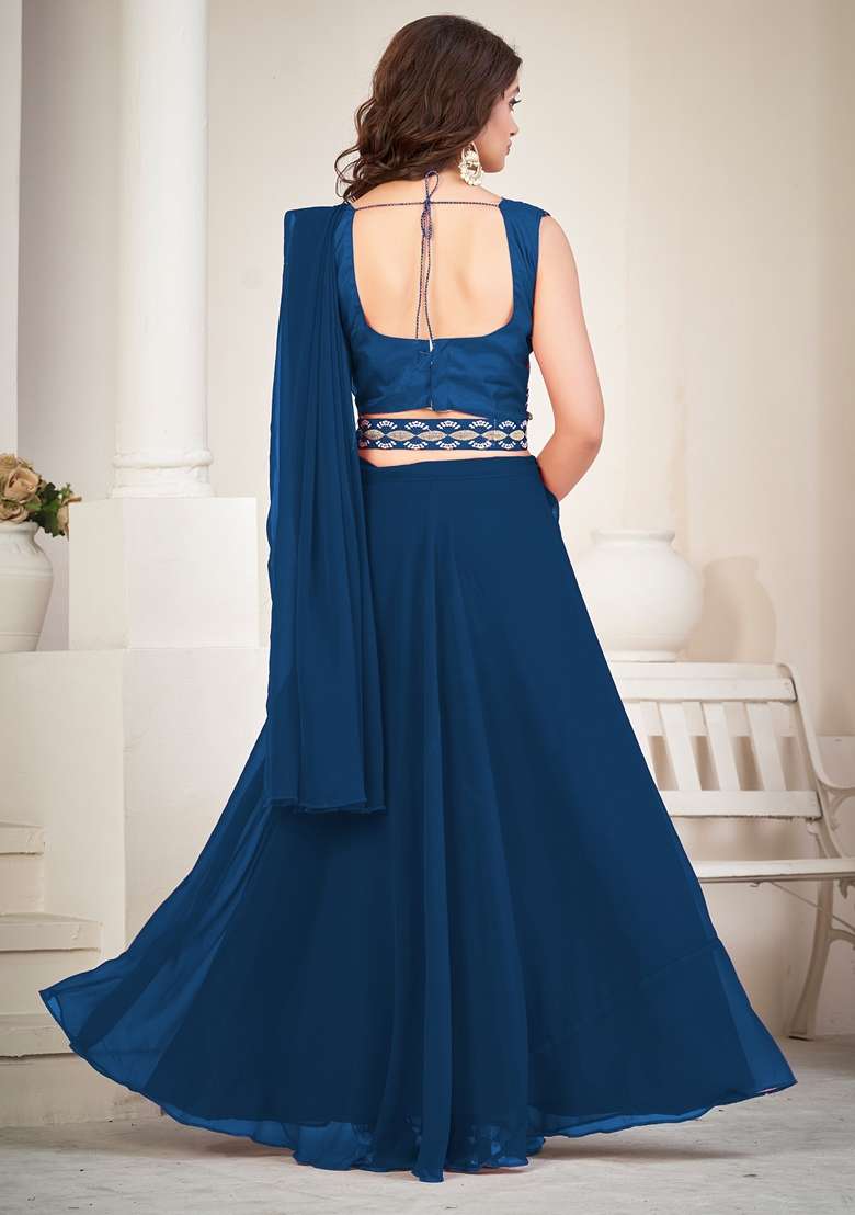 Rama Blue Embroidered Georgette Lehenga Set - Indya