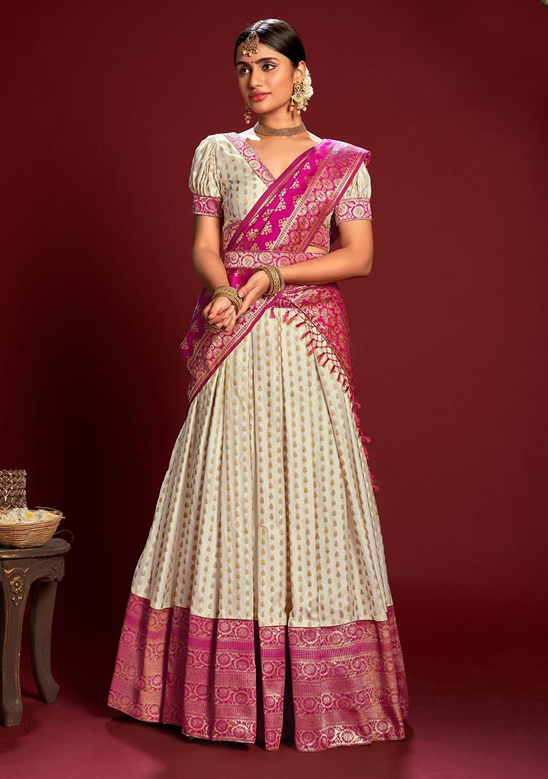 White Zari Embroidered Jacquard Silk Lehenga Set