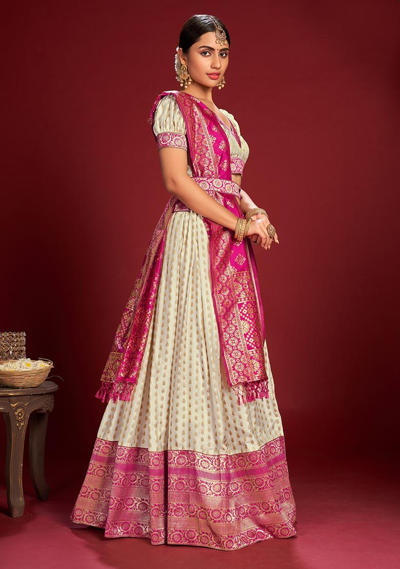 White Zari Embroidered Jacquard Silk Lehenga Set