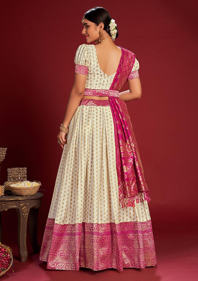 White Zari Embroidered Jacquard Silk Lehenga Set