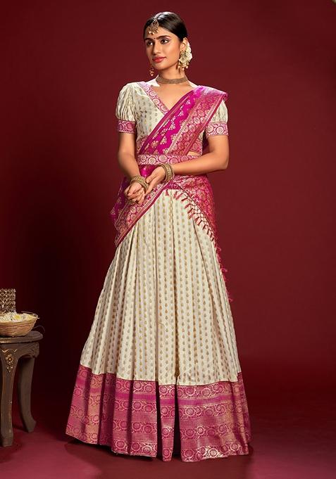 White Zari Embroidered Jacquard Silk Lehenga Set