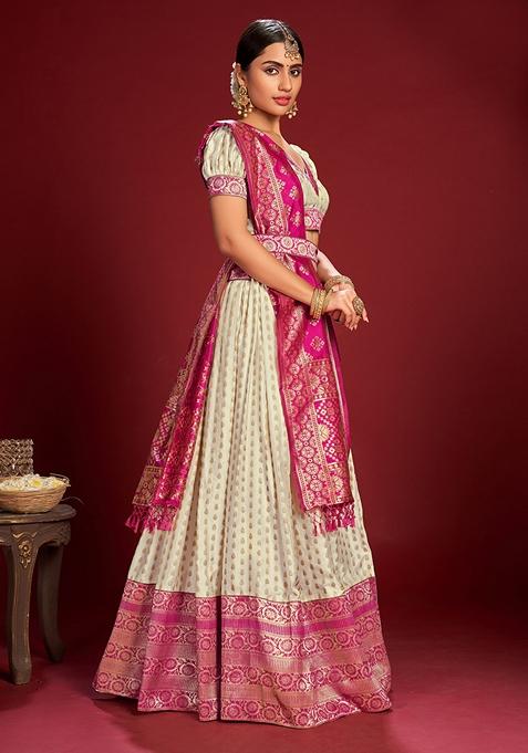 White Zari Embroidered Jacquard Silk Lehenga Set