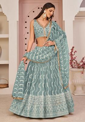 Sky Blue Sequin Embroidered Net Lehenga