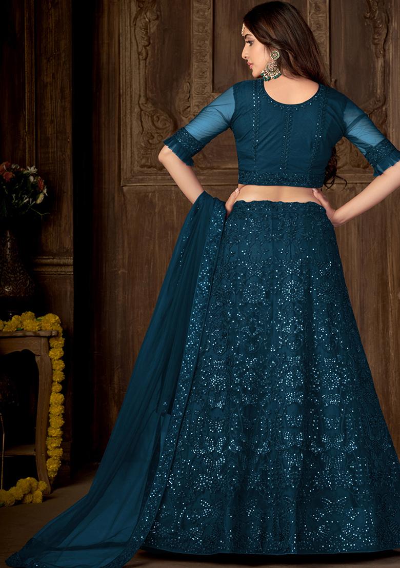 Teal Sequin Embellished Net Lehenga Set