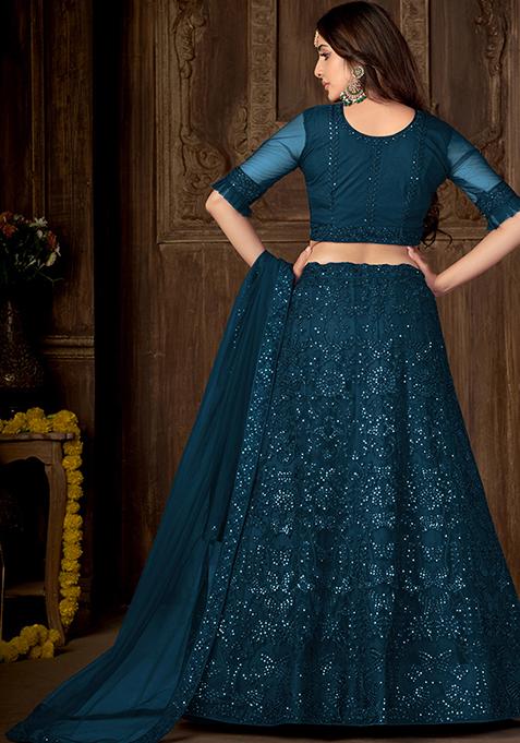 Teal Sequin Embellished Net Lehenga Set