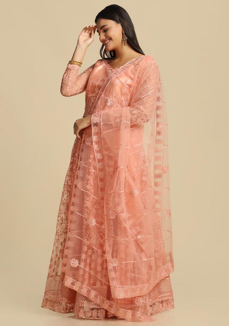 Peach Sequin Embroidered Net Lehenga Set