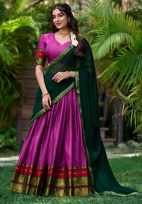 Pink Printed Cotton Zari Woven Lehenga Set
