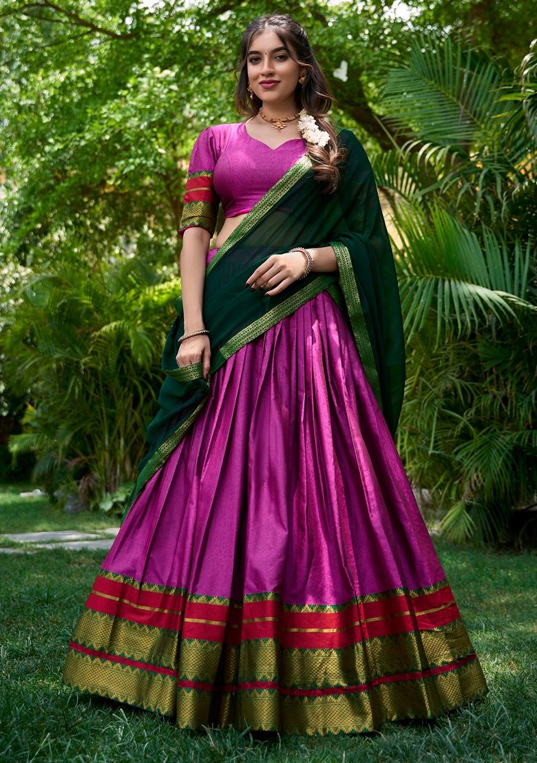 Pink Printed Cotton Zari Woven Lehenga Set