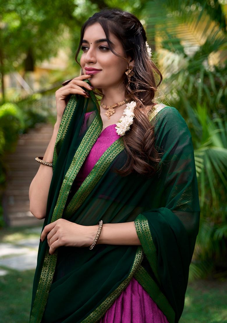 Pink Printed Cotton Zari Woven Lehenga Set