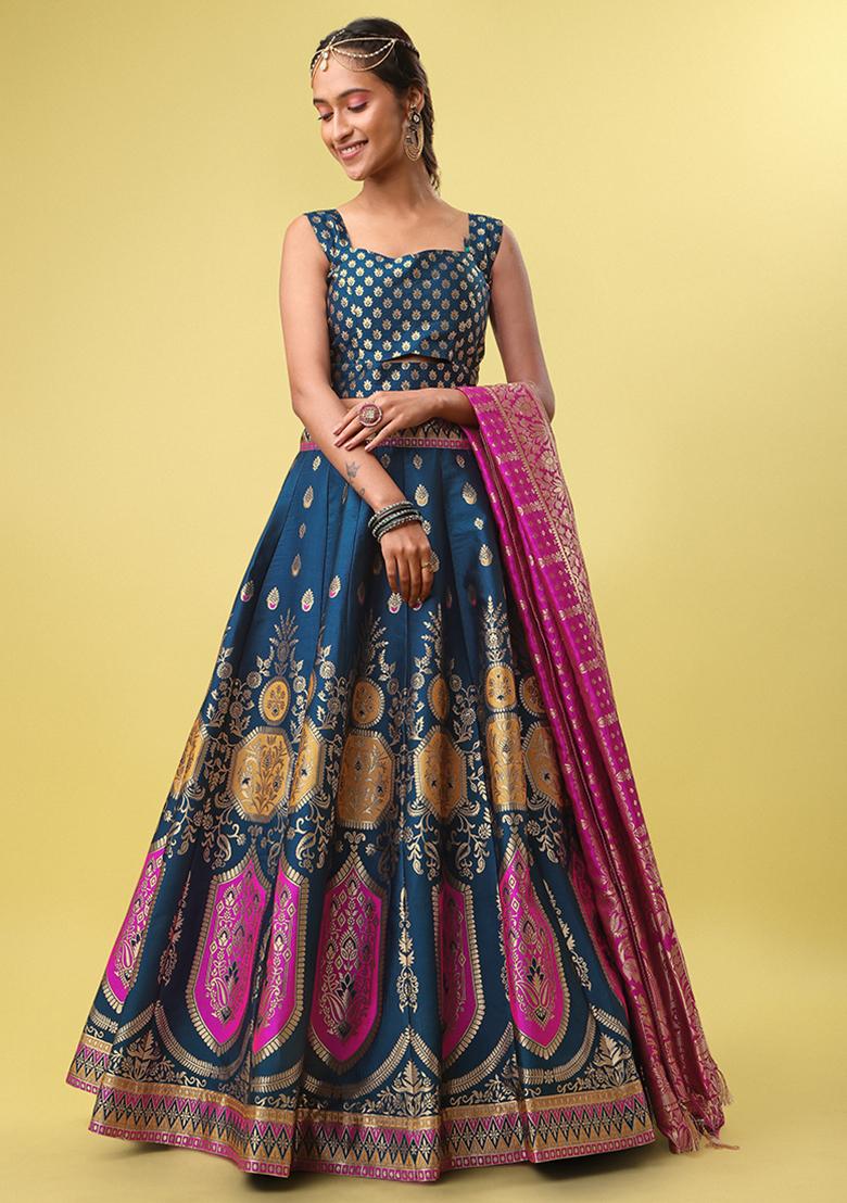 Teal Blue Zari Embroidered Jacquard Lehenga Set
