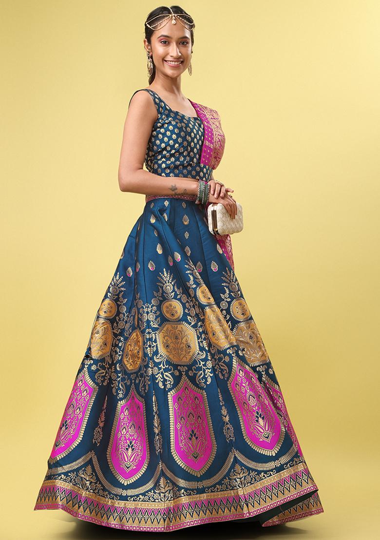 Teal Blue Zari Embroidered Jacquard Lehenga Set