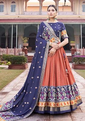Orange Patola Print Tussar Silk Lehenga Set